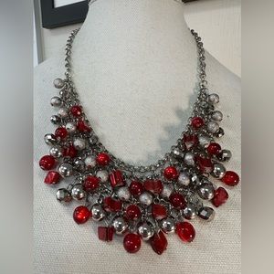 Red and silvertone chainmail style statement necklace